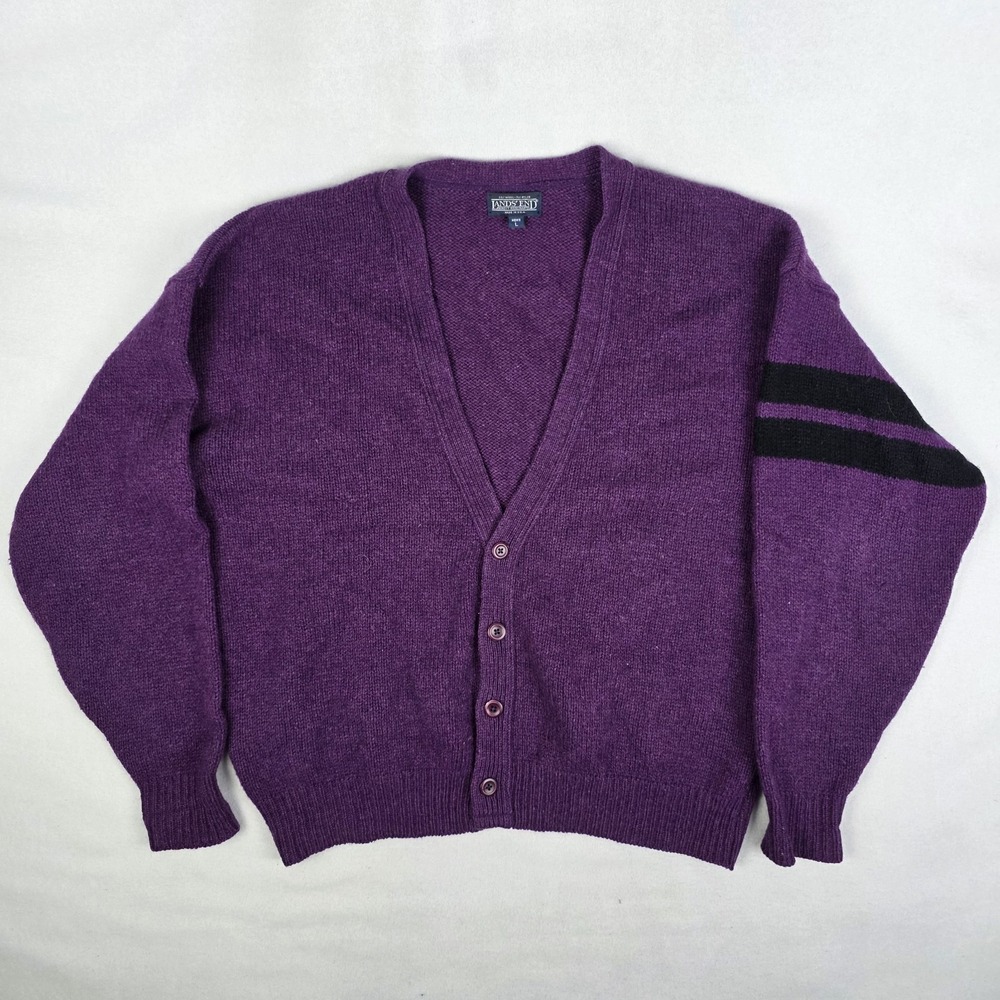 Vintage 80s Lands End Cardigan Mens Large Purple Wool Blend Varsity Preppy 70s
